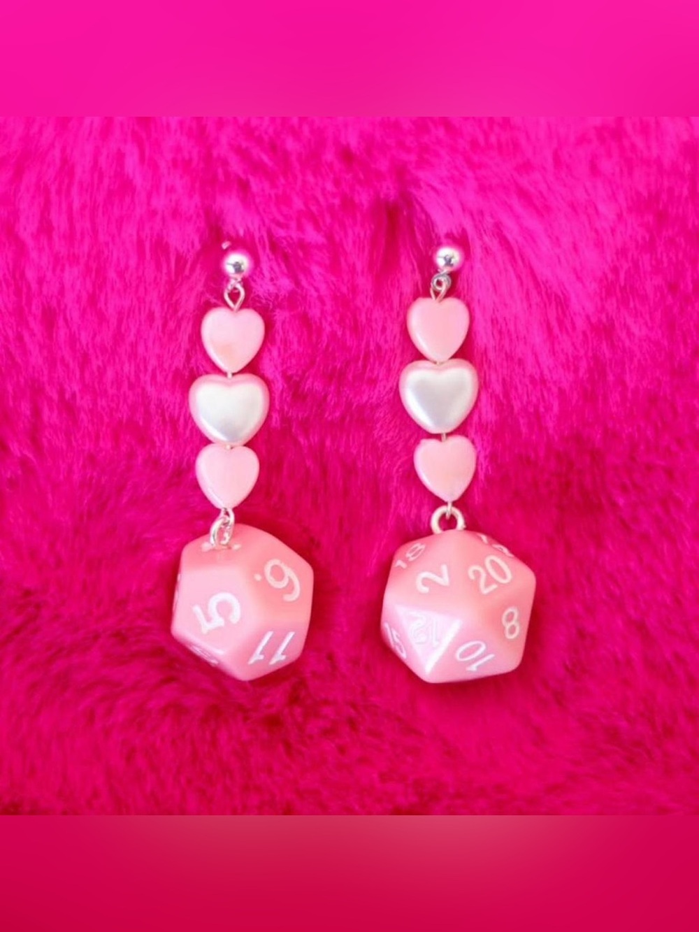 Pink Heart & D20 Drop Earrings - Women Jewelry Pearl Cute Dungeons & dragons